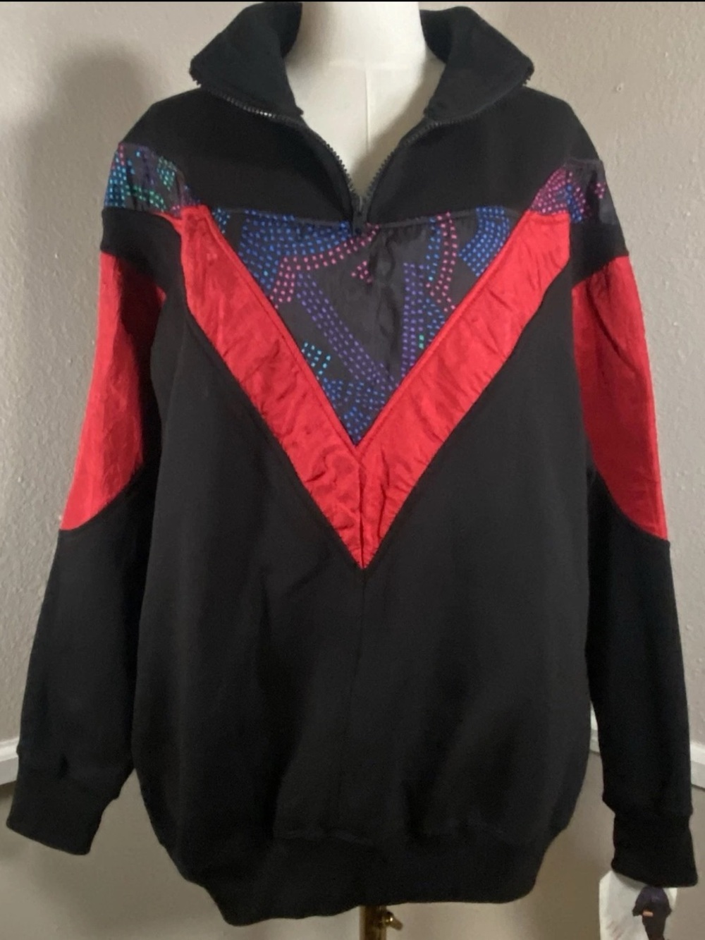 Vintage 90s Black Quarter Zip Sweatshirt with Multicolor Pattern Size Large
